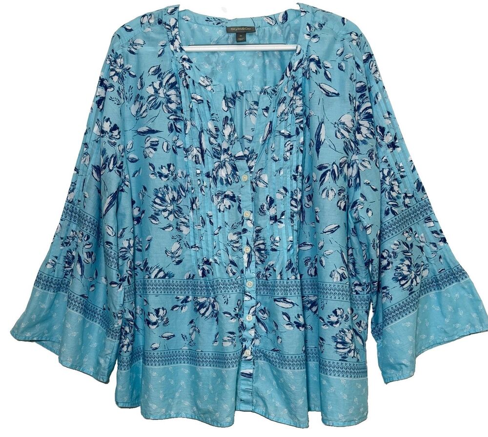 Style & Co Plus 3X Blue Floral Cotton Blouse Pintuck Bell Sleeve Boho Tunic